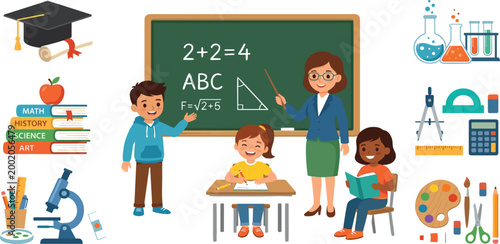 Elementary school classroom education set with teacher and diverse students learning math science and art with school supplies and graduation symbols.