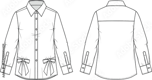 Sleeveless dress flat sketch, bow tie neckline, gathered waistline, tiered layered ruffle skirt, wide straps back, garment construction illustration