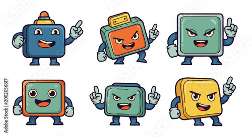 Cartoon characters pointing and expressing various emotions