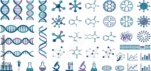 Genetic research and molecular biology vector set featuring DNA strands chemical structures microscopes laboratory equipment and digital health data analytics icons.
