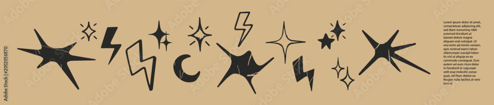Fototapeta premium Abstract Star and Lightning Symbol Set – Hand Drawn Retro Shapes, Sparkles, Moon, Energy Icons, Bold Graphic Clipart.