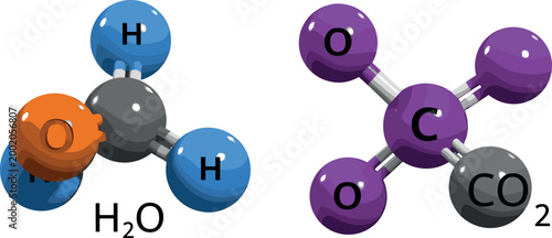 Water and carbon dioxide molecule models with atoms and bonds, H2O and CO2 chemical structures 3D vector illustration set