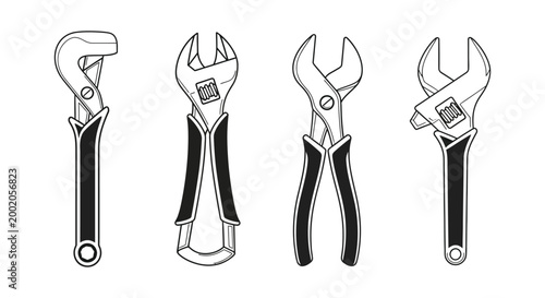 Four adjustable wrenches in black and white silhouette