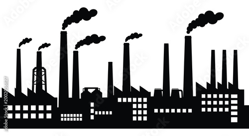 Factory skyline with smokestacks black and white silhouette