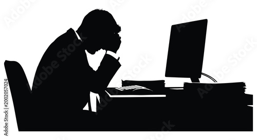 Man working at desk with computer black silhouette
