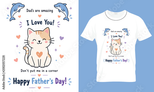 Cute Cat Fathers Day T Shirt Design I Love You Dad Kawaii Kitten Cartoon Illustration