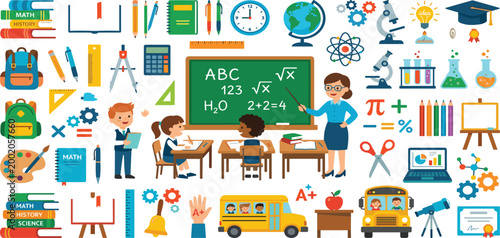 Large education and school vector icon set featuring classroom scenes teacher students bus stationery science equipment and math symbols.