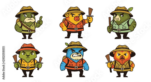 Cartoon characters with safari outfits posing in various expressions