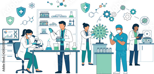 Professional medical laboratory research set featuring scientists developing vaccines with microscopes chemical flasks virus models and digital health data analysis for biotechnology.