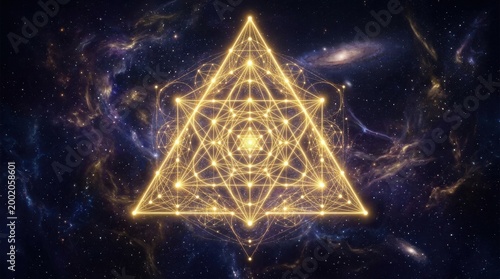 Mystical Golden Geometric Star Tetrahedron in Celestial Nebula