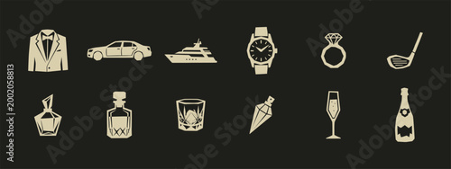 Set of luxury lifestyle icons including car yacht tuxedo watch jewelry and perfume on dark background