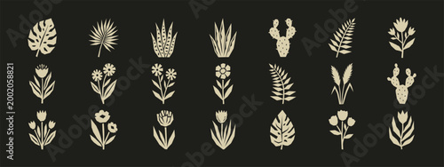 Set of geometric botanical icons including flowers, leaves, and cacti on a dark background