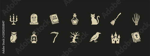 Minimalist Halloween and Gothic Flat Vector Icon Set on Dark Background