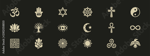 Vector collection of sacred religious and spiritual symbols with geometric design on black background