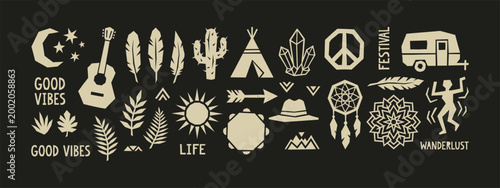 Bohemian Festival Icon Set with Guitar Teepee Peace Sign and Nature Vector Elements
