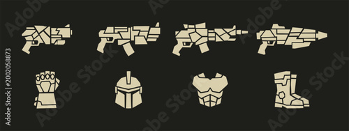 Obraz na plátně Set of futuristic sci-fi weapon and armor icons including guns, helmet, gauntlet