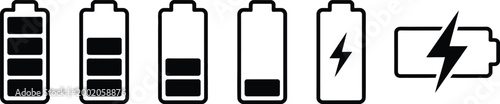 Battery icon set showing charge levels and charging icon vector illustration clean minimal outline style energy power status indicator concept