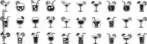 Five cocktail glasses icon silhouettes collection, garnished with a slice of lemon or lime, glass filled with a beverage different variations.