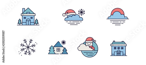 Winter icons set houses clouds snowflakes on black background
