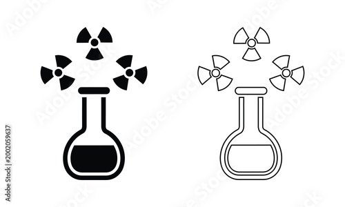 Radioactive symbol icon with flask: solid black and outline radioactive radiation chemical laboratory experiment illustration silhouette
