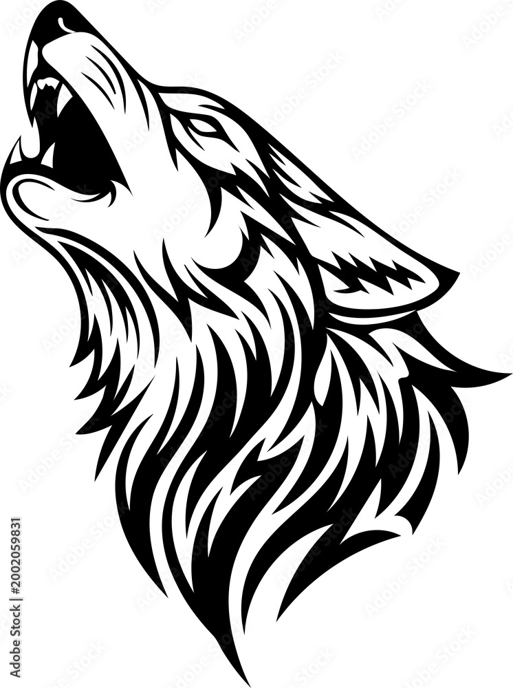 Obraz premium Stylized wolf head illustration howling predator black and white silhouette icon design