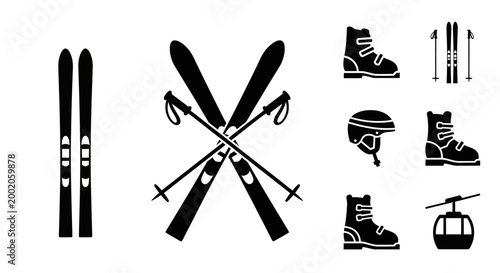 Winter Skiing Equipment Icons: Skis, Boots, Helmet, Poles, and Gondola