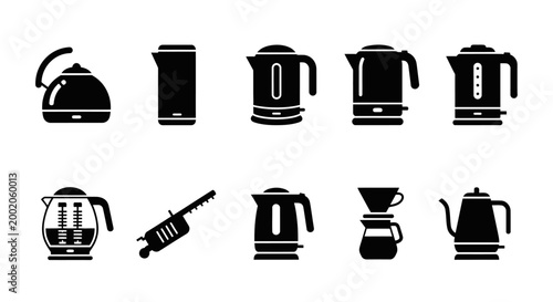 Collection of Electric Kettle Icons: Modern Kitchen Appliances for Hot Beverages