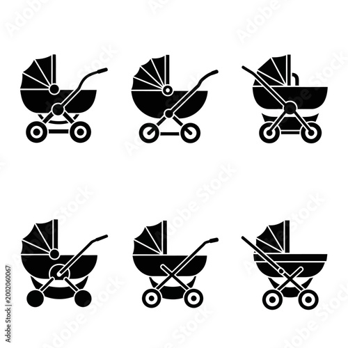 Collection of Six Black Baby Stroller Icons on White Background