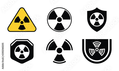 Set of six black and white icons featuring the universal radioactive hazard symbol in various shapes and contexts, including a shield and a warning