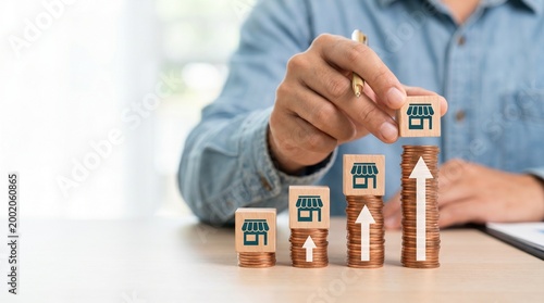 Businessman stacking coins with franchise icon blocks to represent business growth and investment