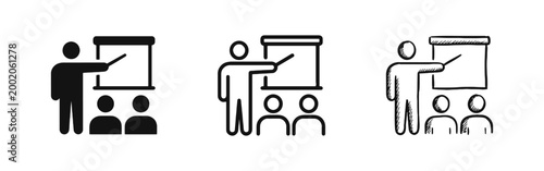 Teacher presenting to students icon set, classroom, lecture, seminar, education, training, vector illustration