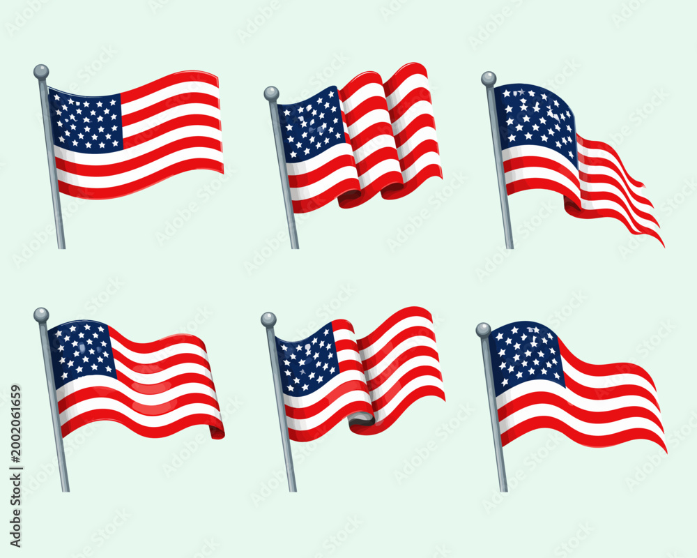 Obraz premium Collection of american flags on white background patriotic symbolism