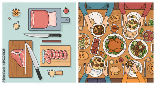 A top-down view of a butcher preparing meat and a family enjoying a festive meal together.