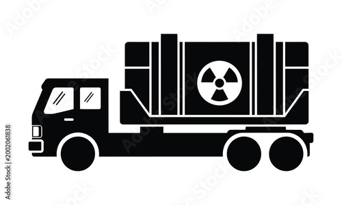 Truck transporting radioactive material with transport radioactive material container transportation shipping logistics hazardous industry