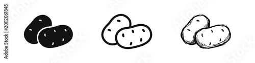 Potato Icon Set in Solid, Outline, and Hand-Drawn Styles - Raw Vegetable Vector Illustration