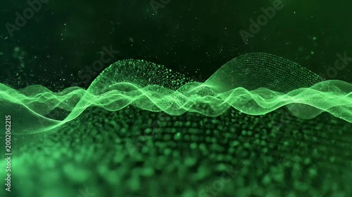 A vibrant green abstract visualization depicts flowing, luminous waves composed of countless tiny particles against a dark, speckled background, suggesting data streams or energy fields.