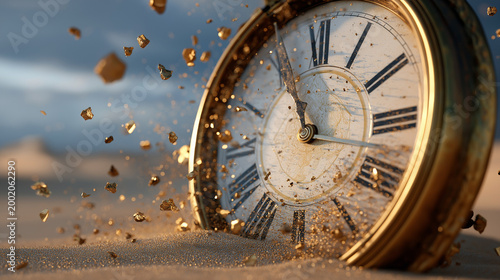 Clock breaks apart in the sand as gold pieces scatter under a bright sky during an afternoon scene