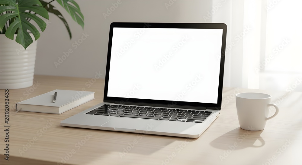 Fototapeta premium Modern workspace setup with laptop notebook and coffee mug