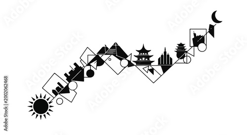 Foto Travel icons arranged in a rising line represent global tourism and exploration