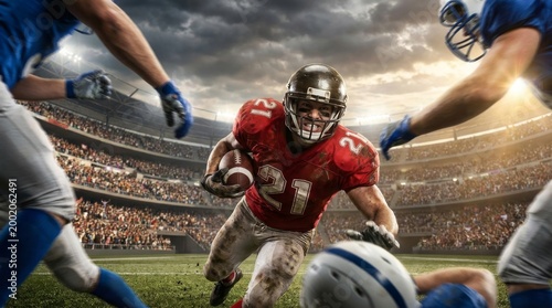 Intense American Football Player Charging with Ball Through Opponents in Packed Stadium