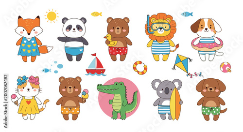 Cute Summer Animal Icon Set with Fox, Panda, Bear, Lion, Dog, Cat, Koala, and Crocodile in Swimwear, Beach, and Fun Accessories