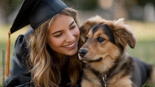 Graduate smiles with dog on graduation day in a park during daylight