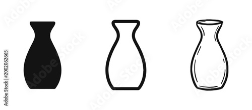 Vase Pottery Icon Set, Ceramic Flower Pitcher Symbols in Three Design Styles