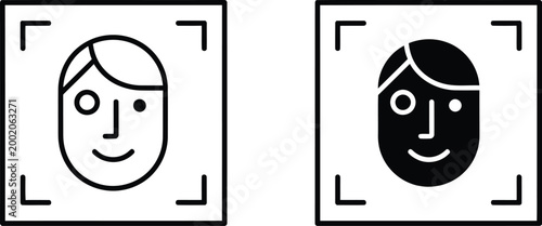 Facial recognition scan vector icons in outline and solid style