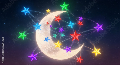 A vibrant night sky display crescent moon and sparkling stars illuminate a dark background
