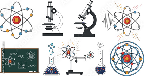 Science and Atom Illustration Collection with Microscopes, Laboratory Equipment, and Atomic Structure for Education and Research Designs