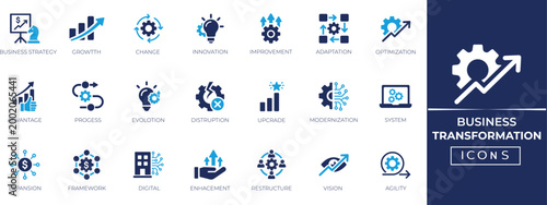Business transformation icon set. Digital evolution, strategic growth, process improvement, innovation, and corporate optimization symbols.