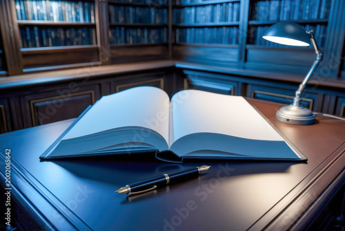 An open blank book rests on a wooden desk with a fountain pen and a lit desk lamp, surrounded by bookshelves filled with books in a cozy library.