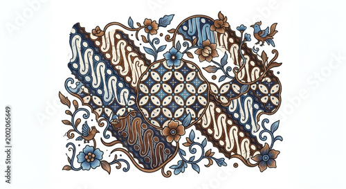 Traditional Indonesian Batik Pattern with Floral and Bird Ornaments