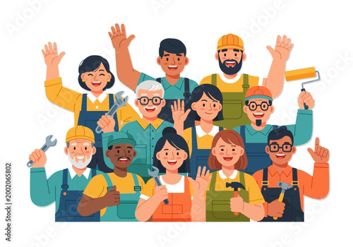 Diverse group of happy construction workers.